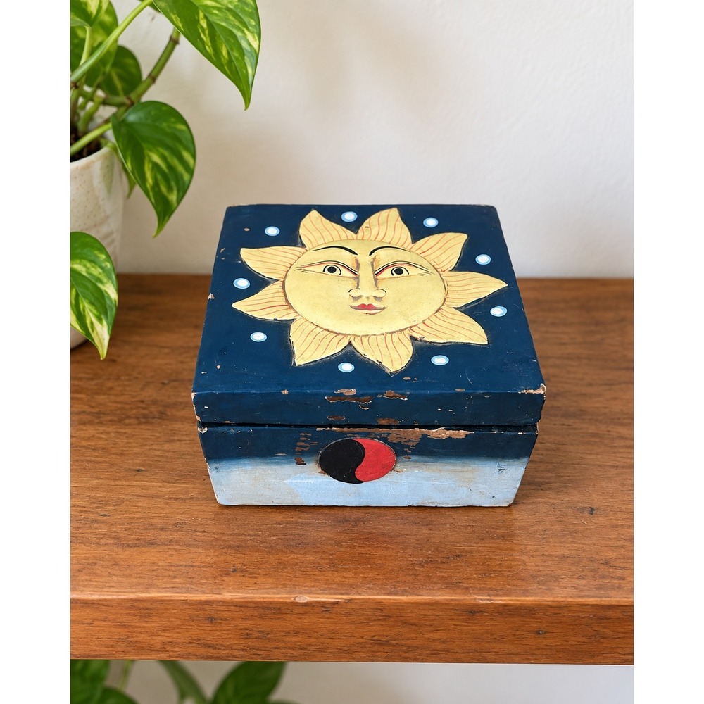 Vintage 90s Celestial Wooden Trinket Jewelry Box Hand Painted Sun Moon Stars